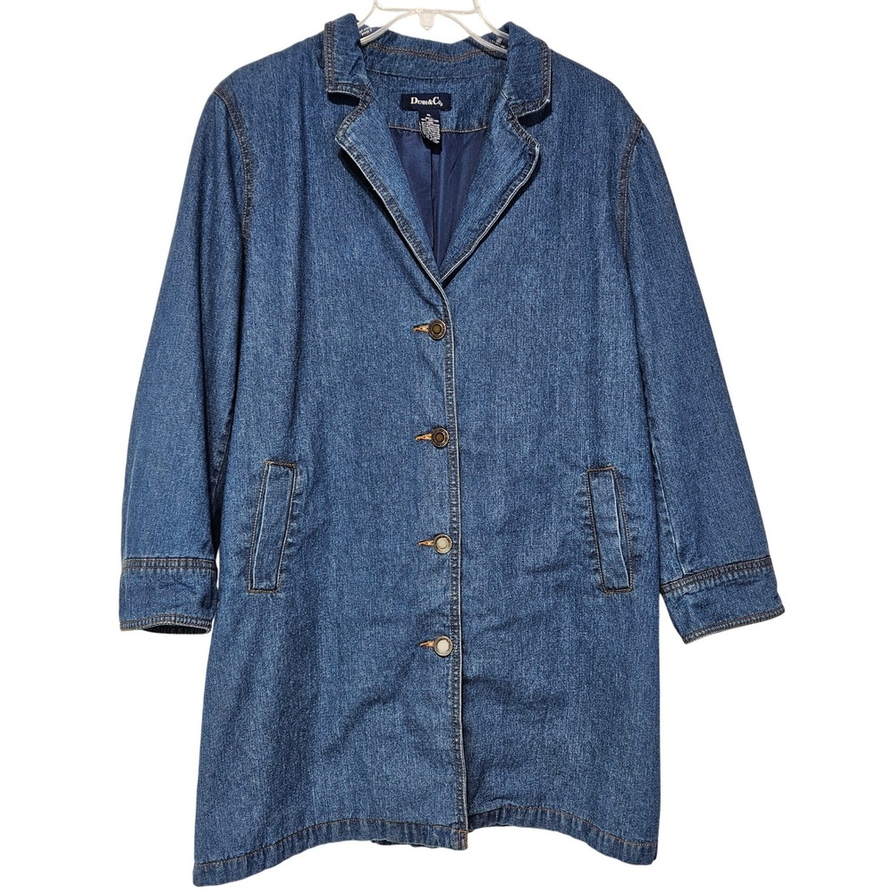 Denim & Co Womens Blue Longline Button Front Denim Chore Coat Duster Jacket XL